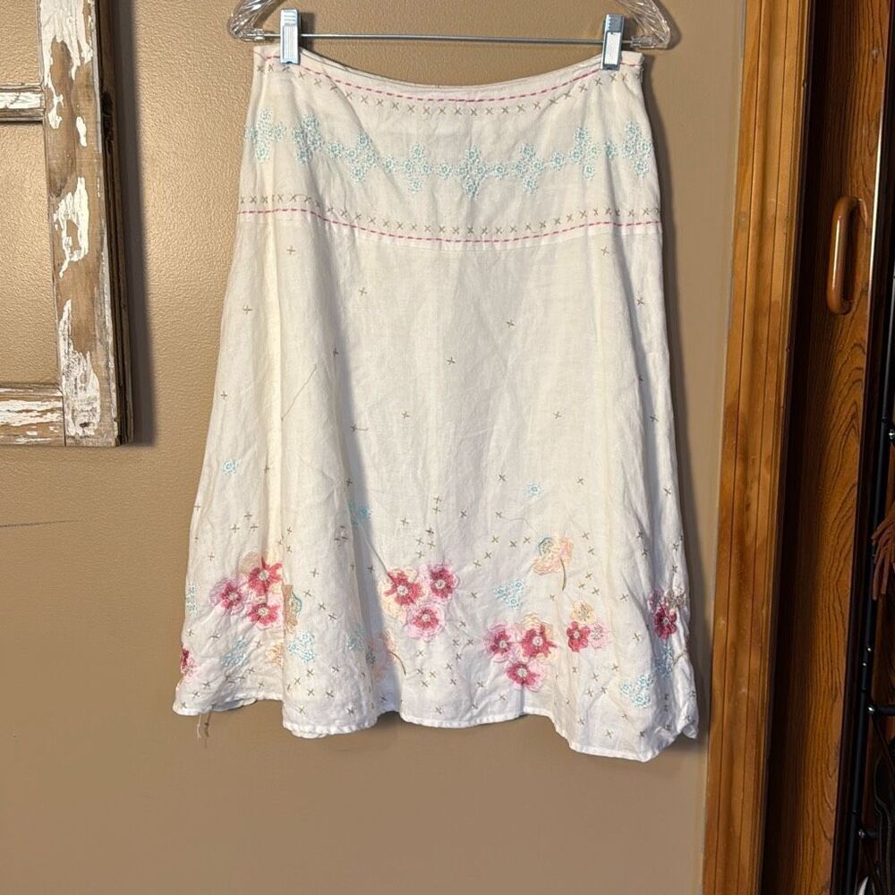 Alexandra Bartlett linen floral embroidered a-line skirt size 8 cottagecore roma